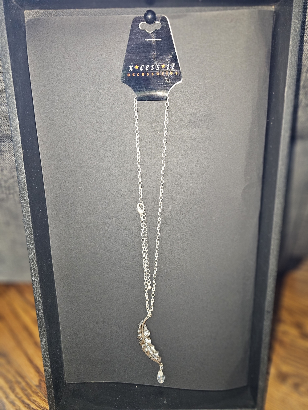 X-Cess-It Accessories Silver Tone Feather Pendant Crystal Drop Necklace
